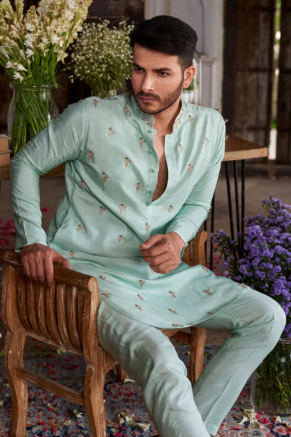 BABY BLUE FLORAL MOTIF SWQUIN-ZARI WORK KURTA WITH PANT