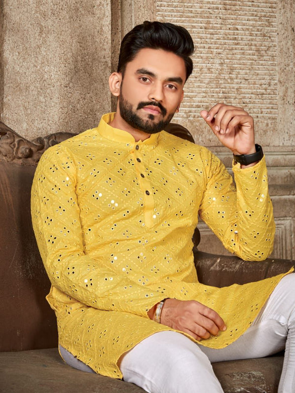 YELLOW HALDI SEPICELMIRROR MEN'S DESIGENER KURTA WITH PAJAMA