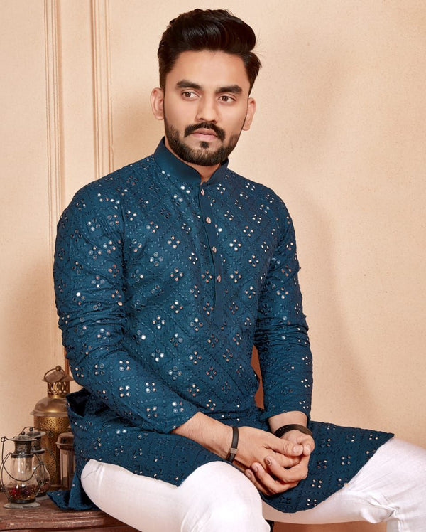 BLUE MIRROR MEN'S DESIGENER KURTA WITH PAJAMA