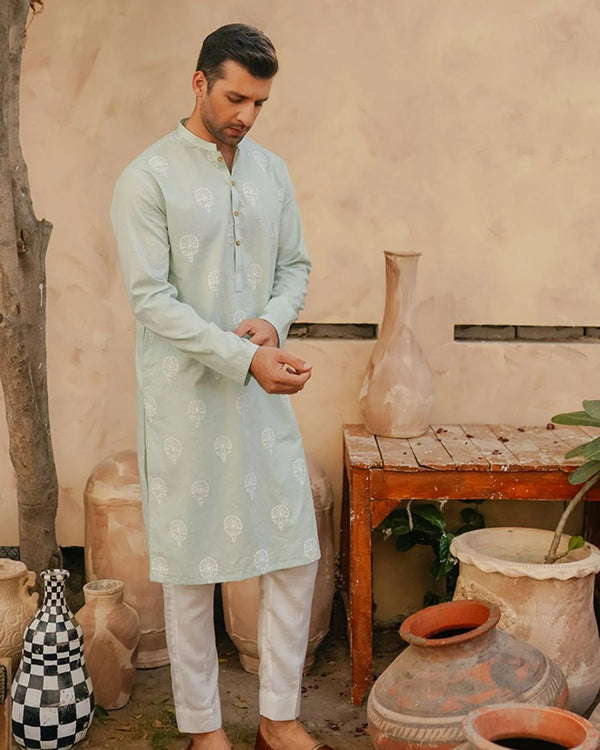 LIGHT PISTA WHITE FLORAL EMBROIDERED MEN'S KURTA WITH PAJAMA