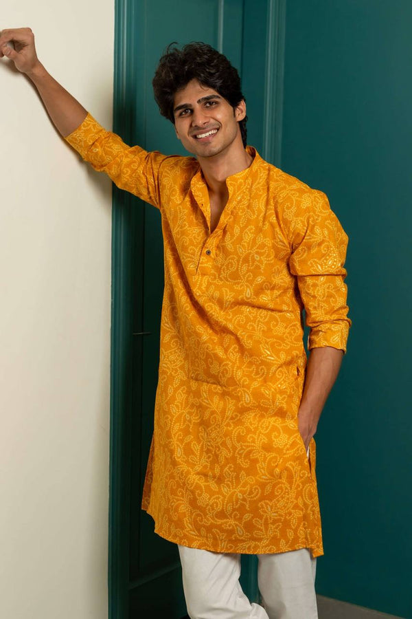 AMBER YELLOW ALL OVER FLORAL PRINTED KURTA WITH PAJAMA SET FOR MEN