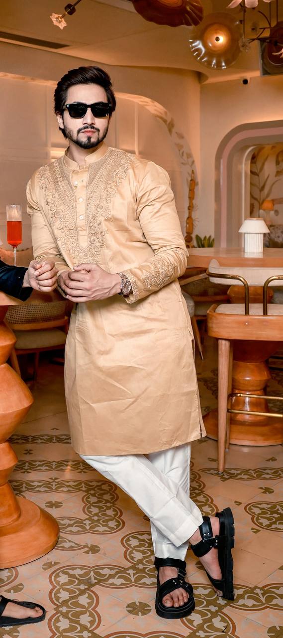BEIGH NECK FAISU EMBROIDERED KURTA PAJAMA