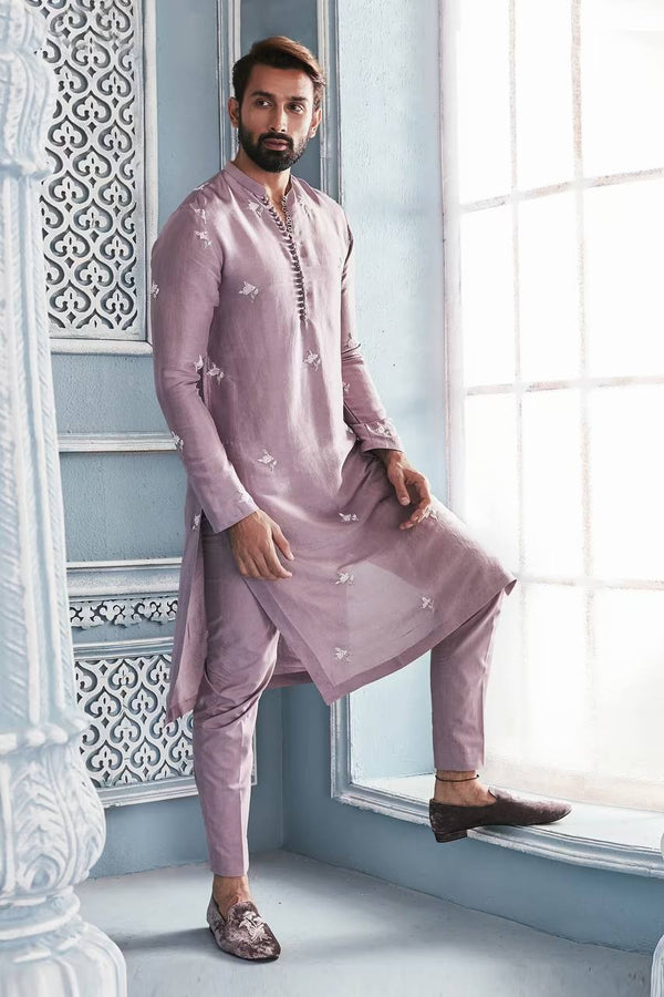 PURPLE COLOUR N WHITE  SEQUENCE  EMBROIDERED KURTA WITH PAJAMA SET