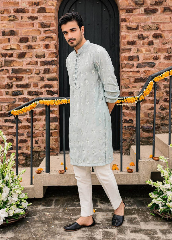 POWDER BLUE EMBRODARY WORK KURTA WITH PAJAMA SET