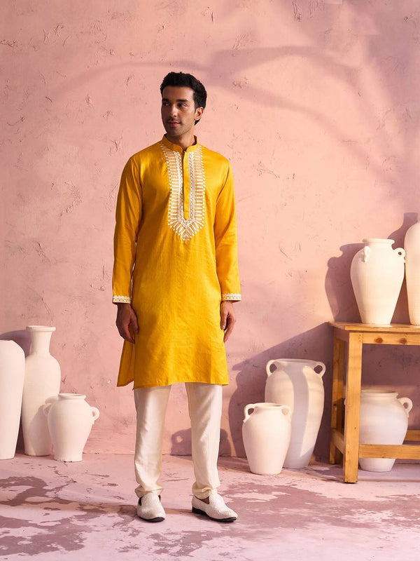 YELLOW BOX NECK EMBROIDERED MEN'S KURTA WITH PAJAMA SET