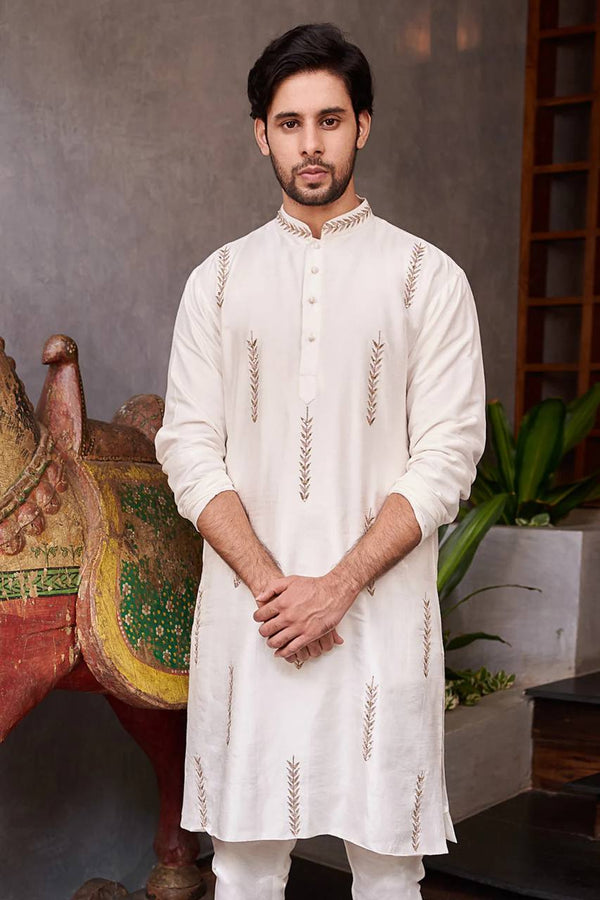 WHITE N GOLDEN SEQUENCE EMBRODARY WORK KURTA WITH PAJAMA