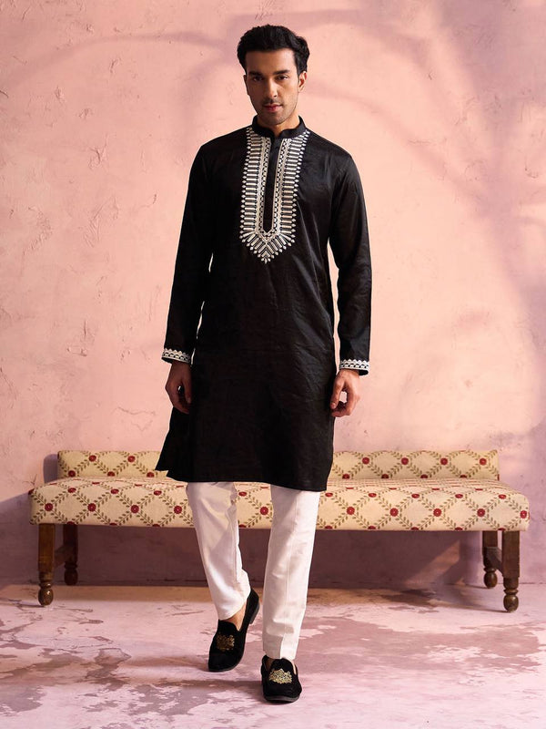 BLACK BOX NECK EMBROIDERED MEN'S KURTA WITH PAJAMA SET