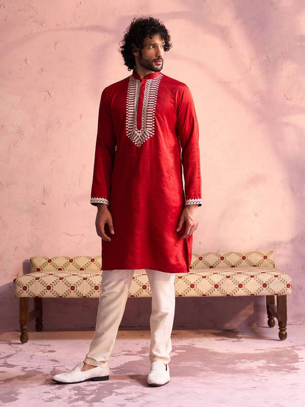 RED BOX NECK EMBROIDERED MEN'S KURTA WITH PAJAMA SET