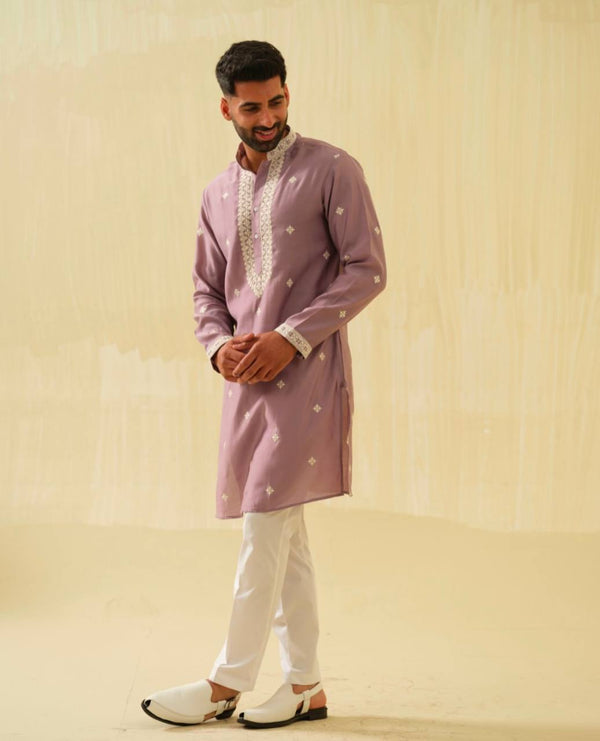 PURPLE NECK AND BUTTI EMBROIDERED WORK MEN'S KURTA WITH PAJAMA SET