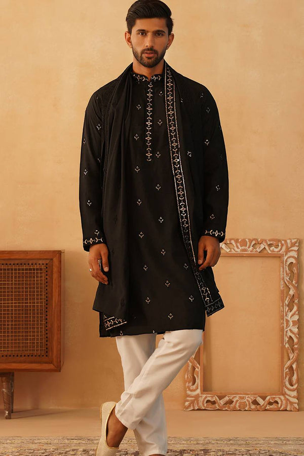 BLACK SEQUENCE EMBROIDERED WORK KURTA PAJAMA AND DUPATTA