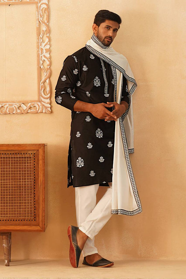 BLACK SEQUENCE EMBROIDERED WORK KURTA PAJAMA AND WHITE DUPATTA