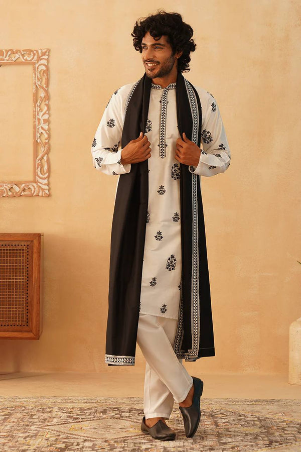 WHITE SEQUENCE EMBROIDERED WORK KURTA PAJAMA AND BLACK DUPATTA