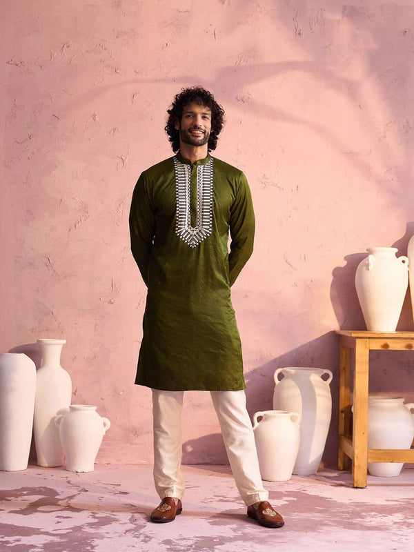 MINT GREEN BOX NECK EMBROIDERED MEN'S KURTA WITH PAJAMA SET