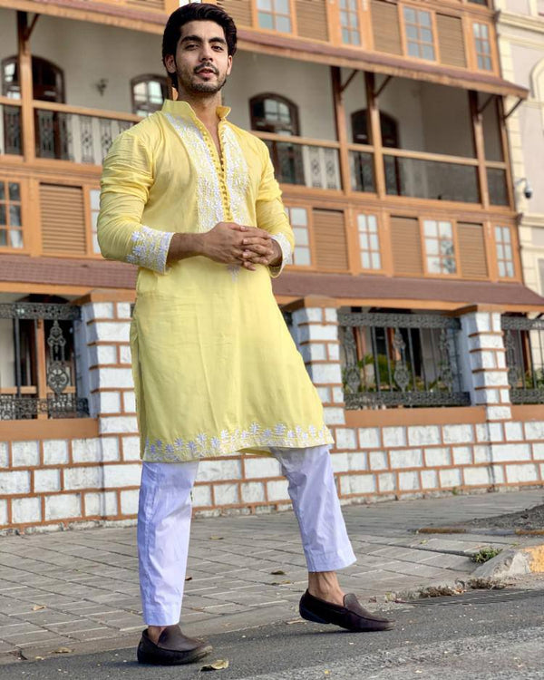 LIGHT YELLOW NECK EMBROIDERED MEN'S KURTA WITH PAJAMA SET