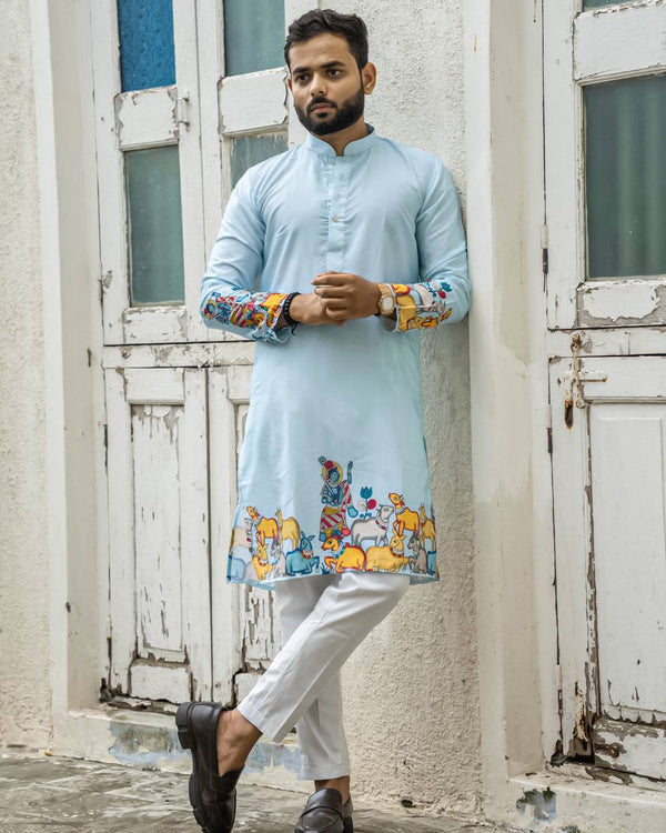 SKY BLUE KRISHNA WITH COW PRINT KURTA PAJAMA