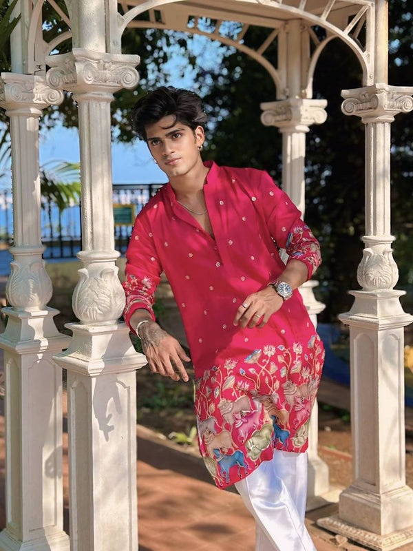 PINK COW N LOTUS BUTTY EMBROIDERED PRINTED KURTA WITH PAJAMA SET