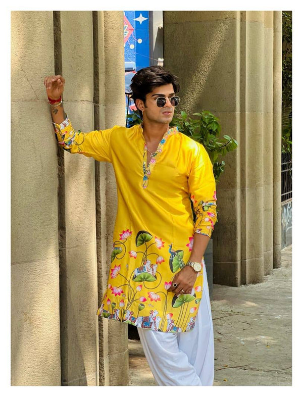 YELLOW PEACOCK COW N LOTUS PRINTED KURTA WITH PAJAMA SET