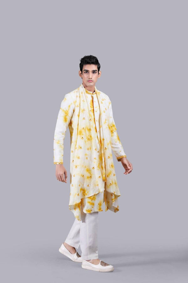 YELLOW & WHITE SIBORI PRINTED WORK KURTA, PAJAMA AND DUPATTA SET FOR MEN'S